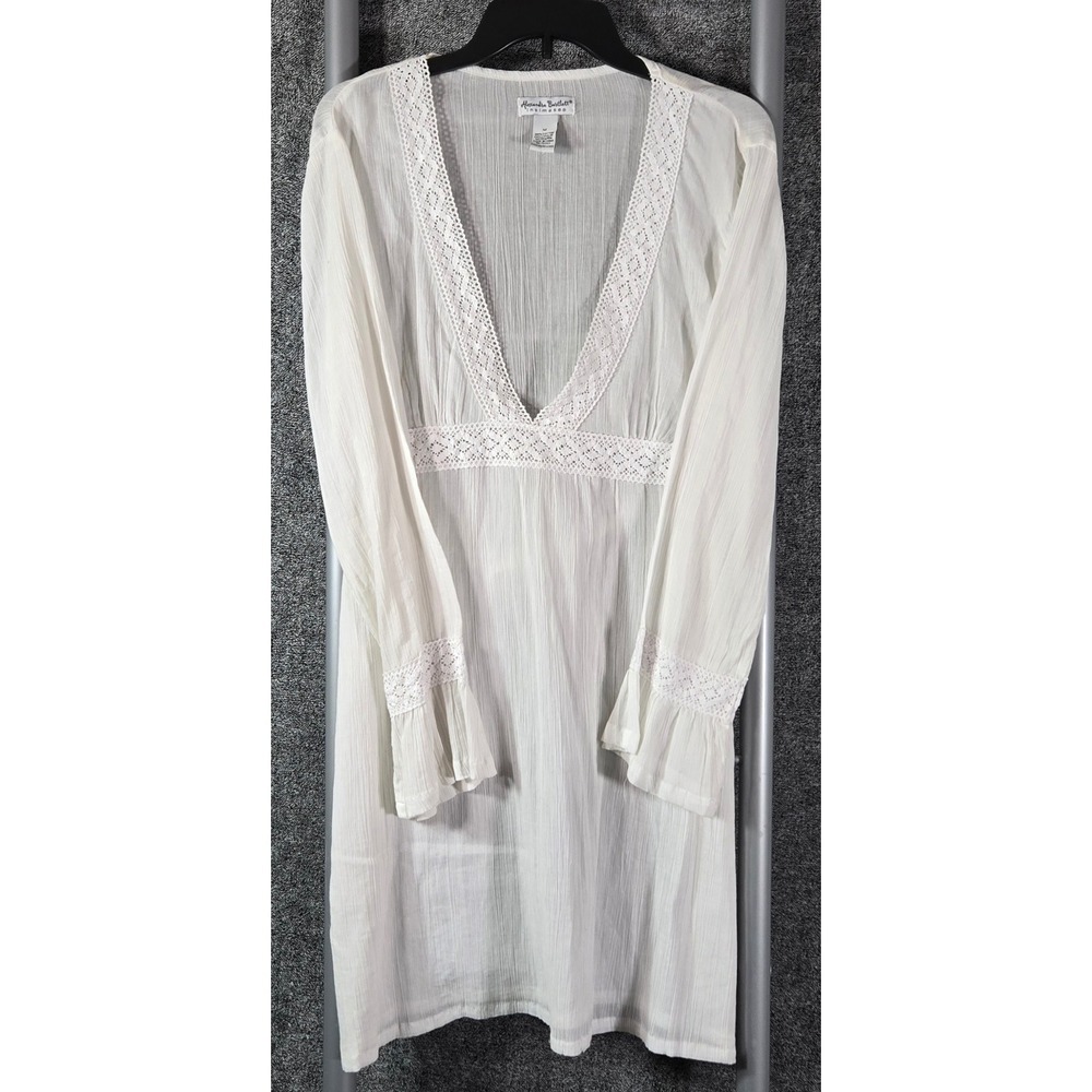 Alexandra Bartlett White Cotton Gauze Lace Trim Sheer Nightgown Coverup Medium